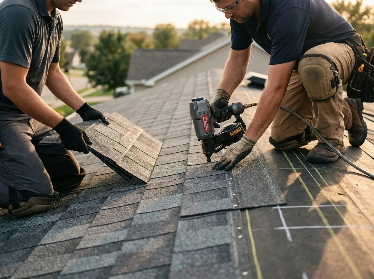 Professional roofer working on a residential roof in Des Plaines